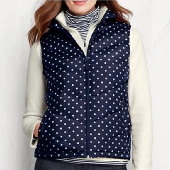 Lands End Womens Large Navy Blue Puffer Vest Down Feather Polka Dot Full Zip - Picture 1 of 9